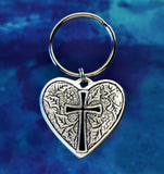 Pewter Heart Cross Keychain Made in USA
