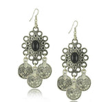 Turkish Style Silver Color Coin Earrings with black stone