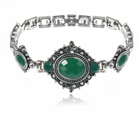 Antique Silver Plated Turkish Style bracelet with Green Resin Stones 7.5 in