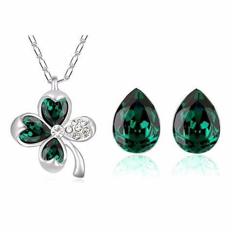 Celtic Green Four Leaf Clover pendant and Earrings with crystals and chain
