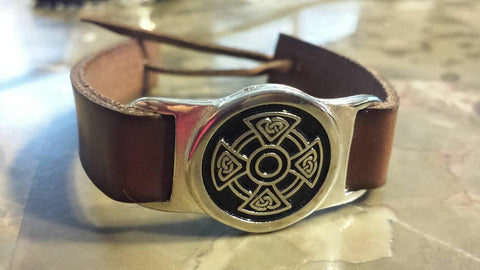 Irish Wide Pewter Brown  Adustable Bracelet Celtc Cross