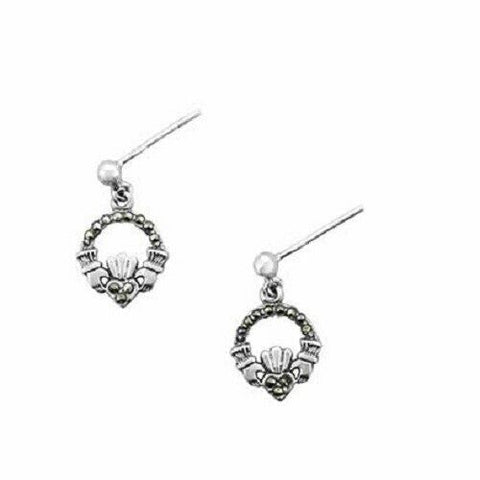 Irish Celtic Marcasite Claddagh Sterling Silver Earrings with butterfly backs