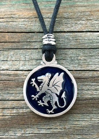 Pewter Medieval Rampant Dragon Pendant with adjustable  cord made in USA blue