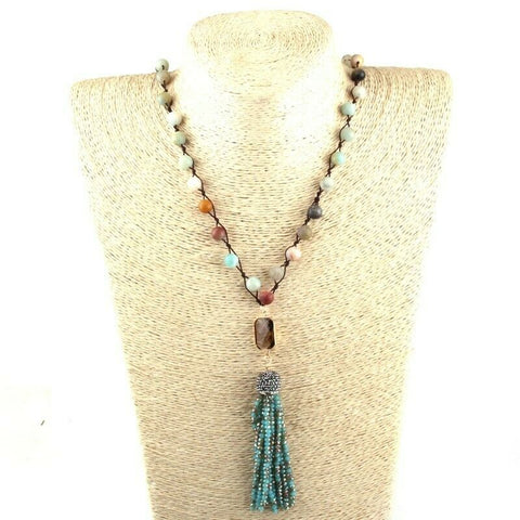 Amazonite Bead Brown Crystal Necklace with Blue-brown Crystal Tassel
