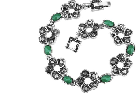 Antique Silver Plated Turkish Style  bracelet with Green Resin Stones 7.5 in