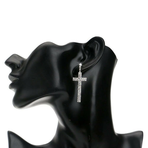 Sparking Silver Color Rhinestone Crystal Cross Long  Earrings - Bedazzled Designs