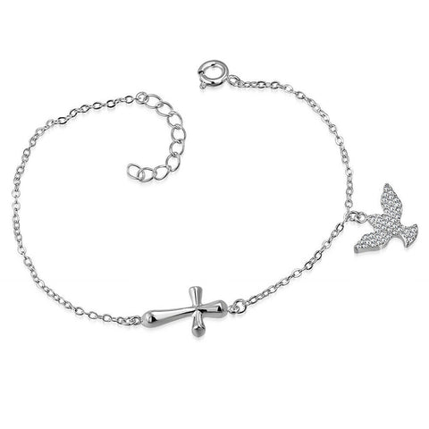 Brass W/ Silver Plating Cross Link bird Charm Ex Chain Bracelet W/ Clear CZ