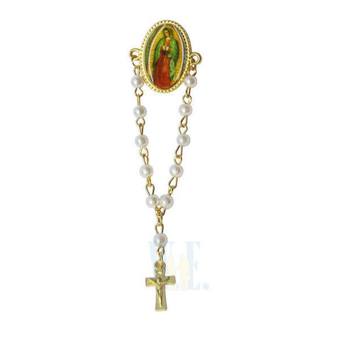 Our Lady of Guadalupe  Photo Rosary Lapel Pin with Pearls and Crucifix