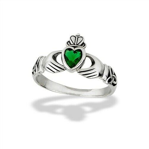 Sterling Silver Claddagh Ring With Simulated Emerald And Triquetras