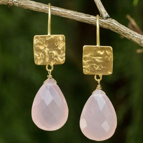 Gold Color Alloy Rose Quartz Drop Earrings - Bedazzled Designs